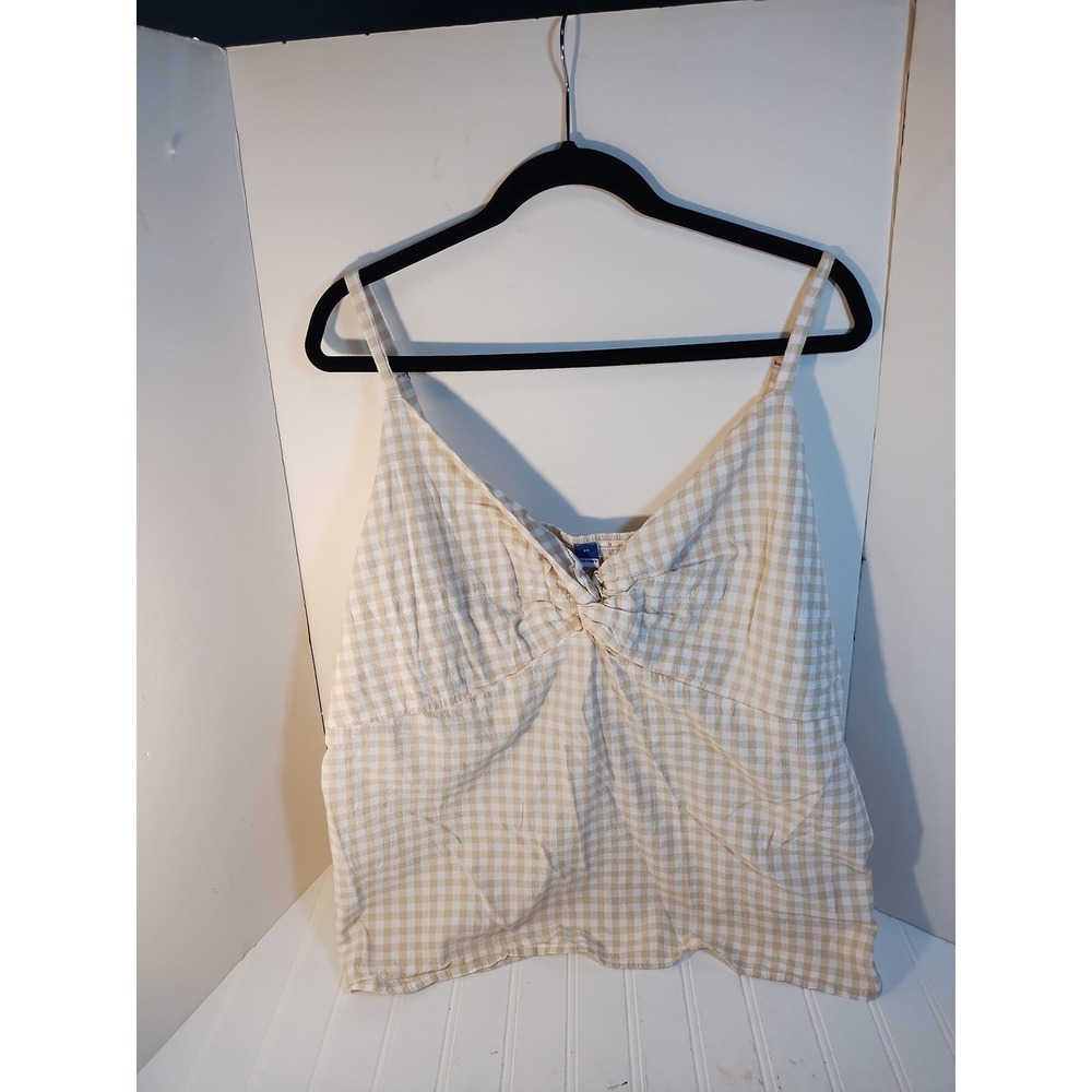 Old‎ Navy Gingham Knot Front Smocked Camisole Cami Top Tan White 2X Cottage Boho